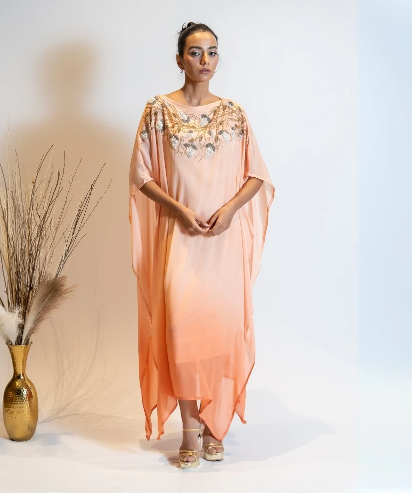 Coral Peach Ombre Embellished Kaftan Dress