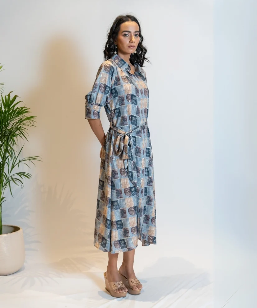 Grey Leaf-Print Cotton Shirt Dress