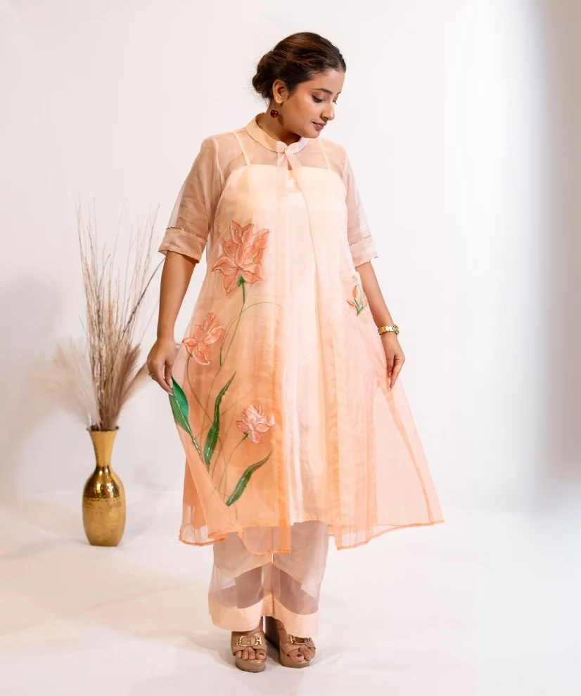 Peach Coral Ombre Hand-Painted Organza Kurta Set