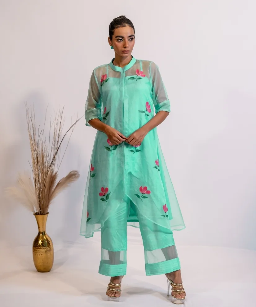 Pastel Mint Green Hand-painted Organza Kurta Set