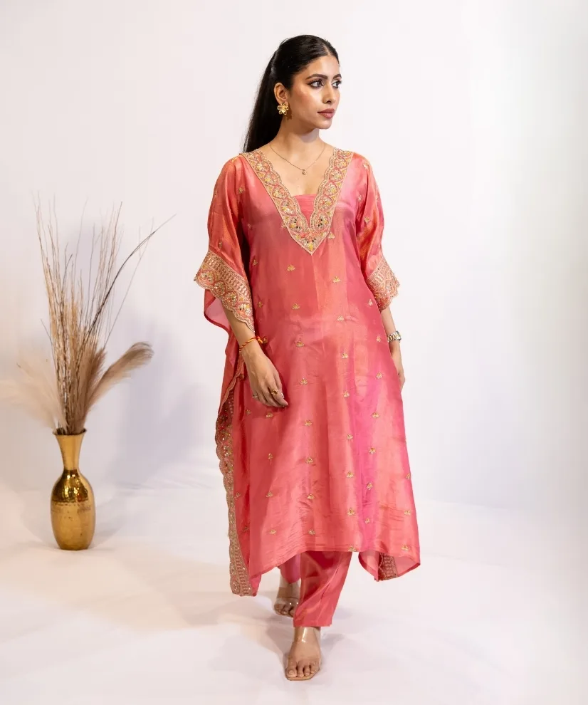 Coral Pink Tissue Kaftan Kurta Set