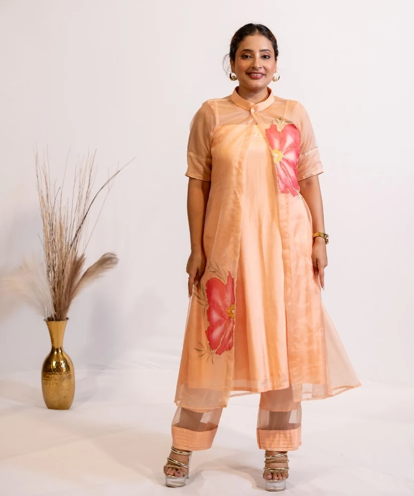 Peach Blossom Hand-Painted Organza Kurta Set