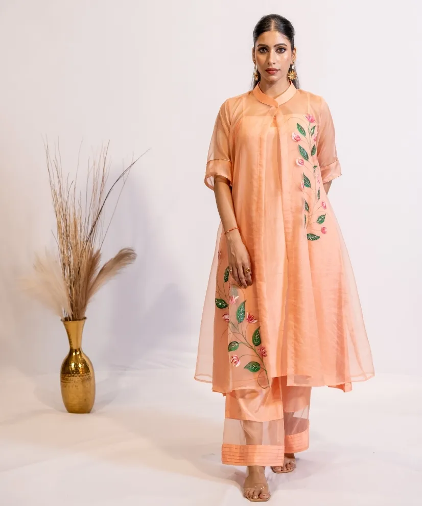 Peach Hand-painted Organza Kurta Set