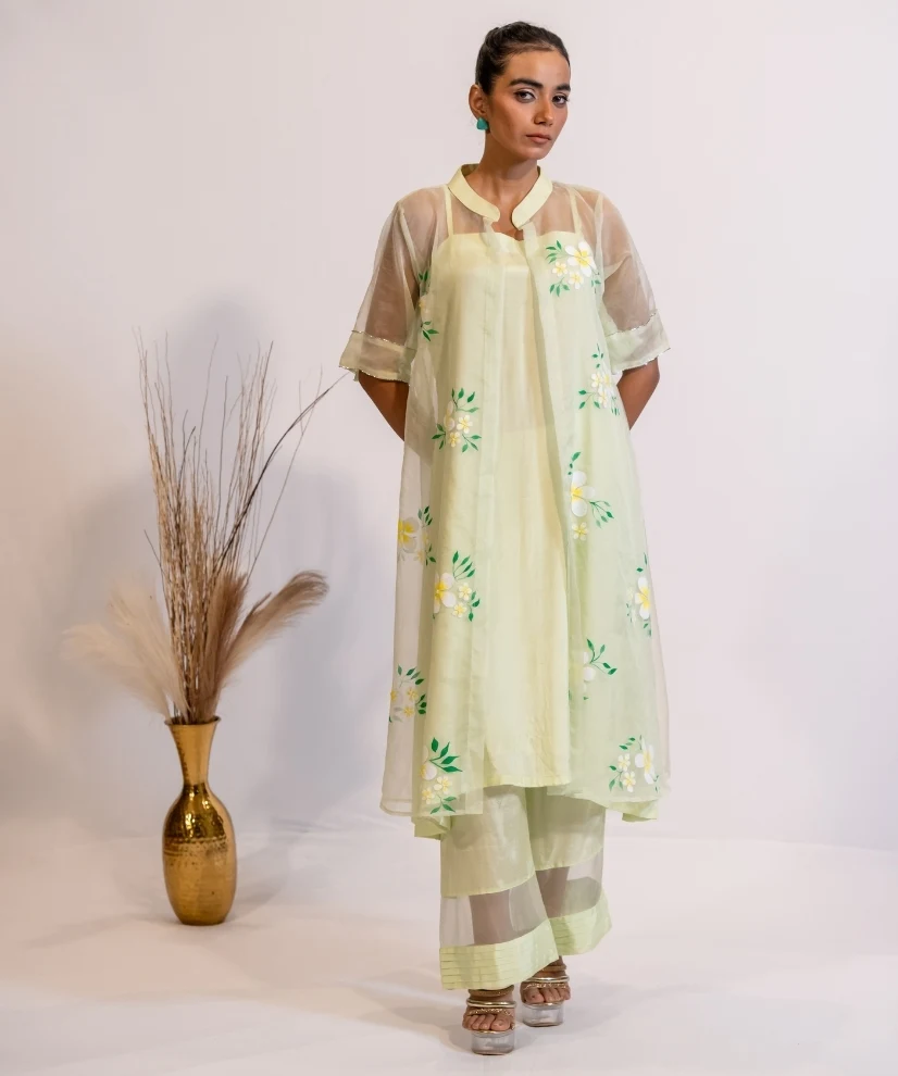 Pastel Green Hand-painted Organza Kurta Set
