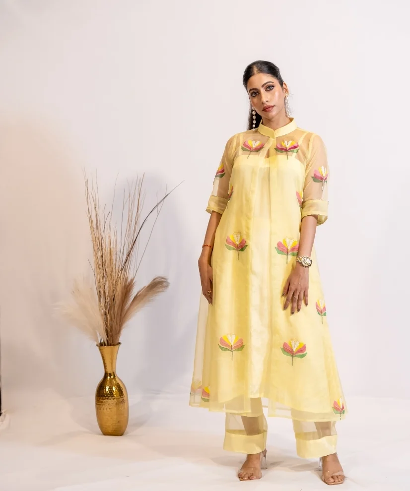 Sunshine Bloom Hand-Painted Organza Kurta Set