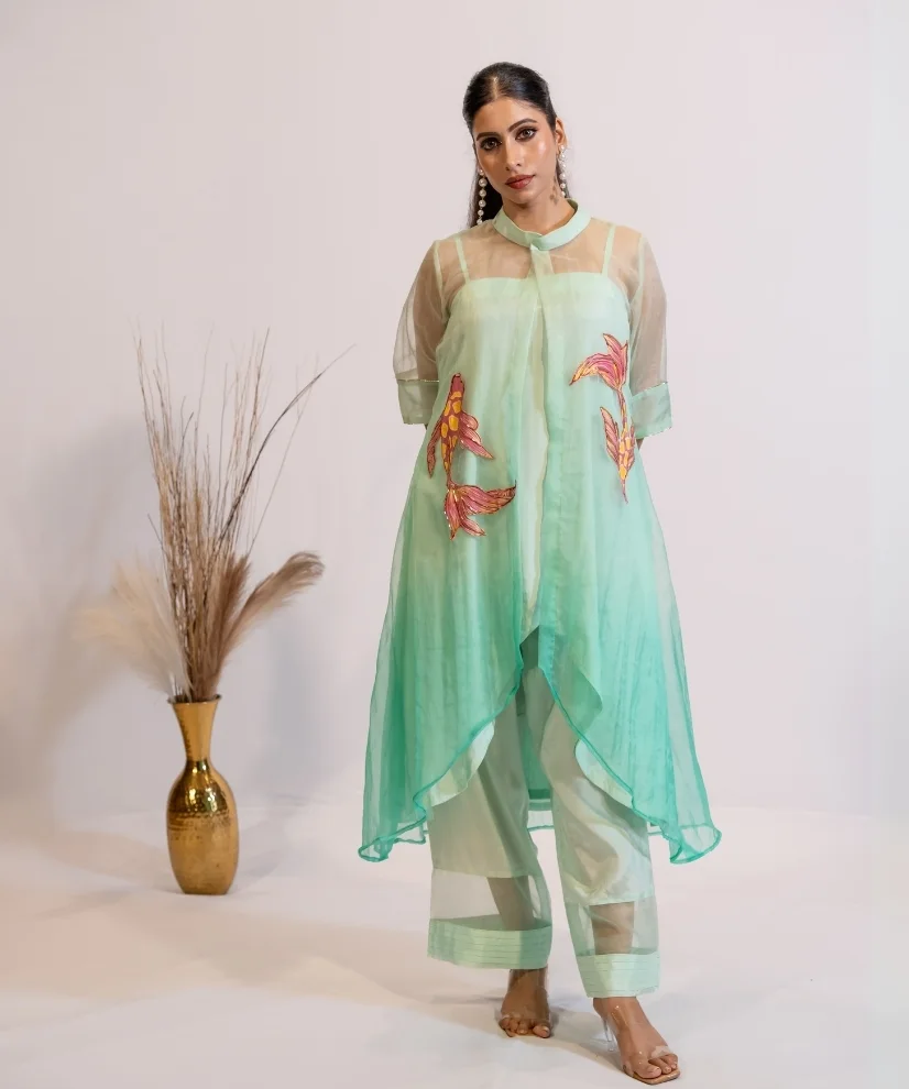 Hand-Painted Teal Ombre Organza Kurta Set with Fish Motifs