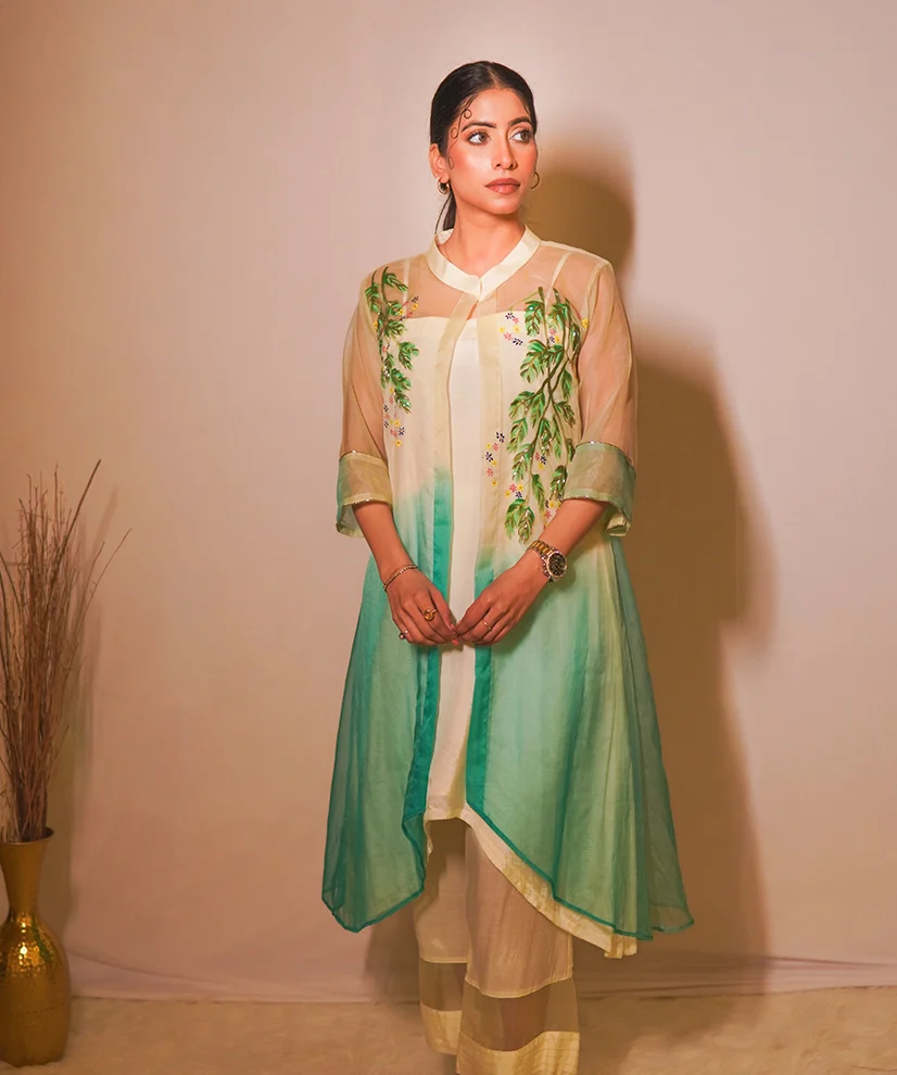 Mint Aqua Hand-painted Organza Kurta Set