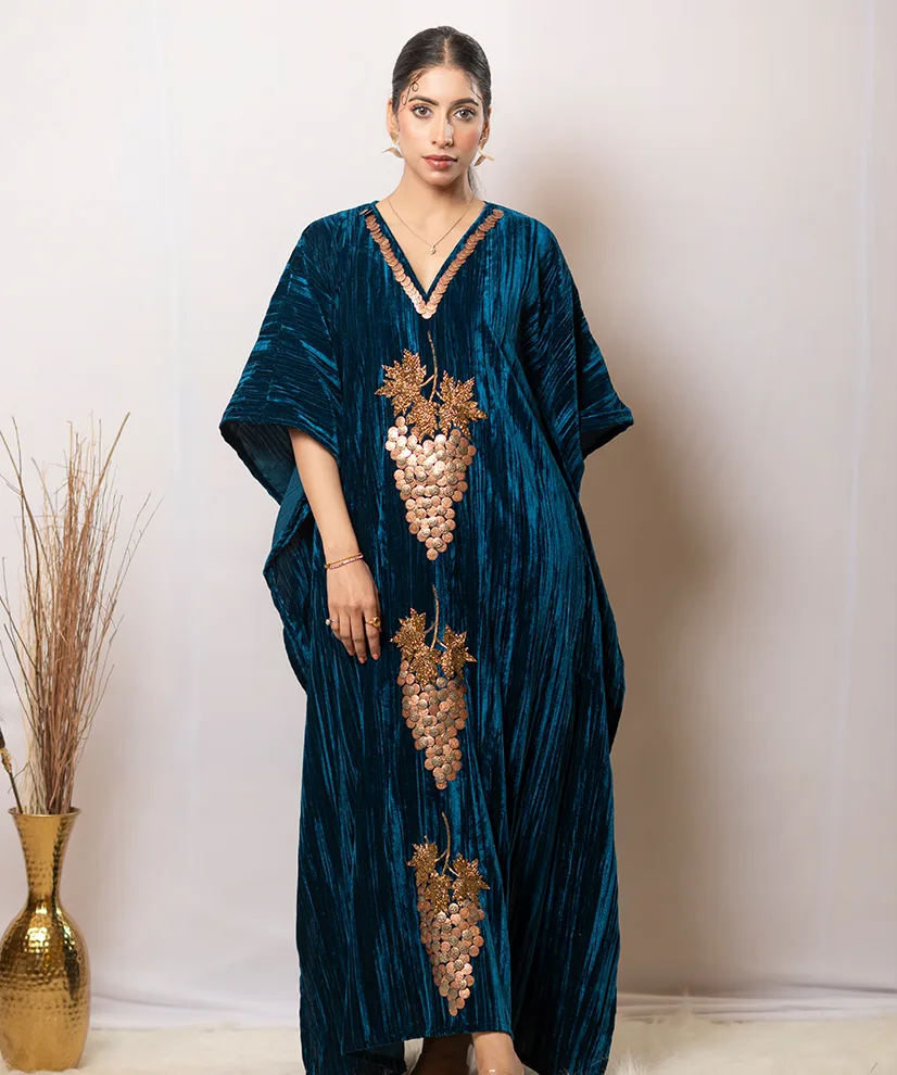 Teal Blue Handcrafted Velvet Kaftan Dress