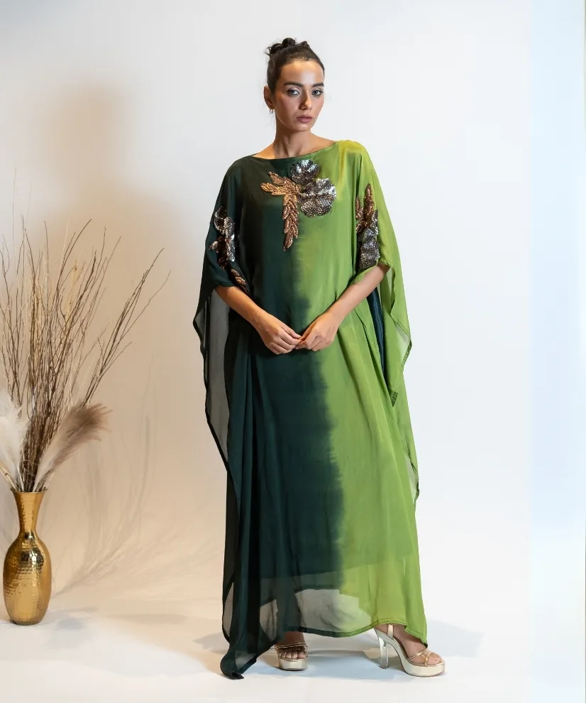 Forest Green Ombre Embellished Georgette Kaftan Dress